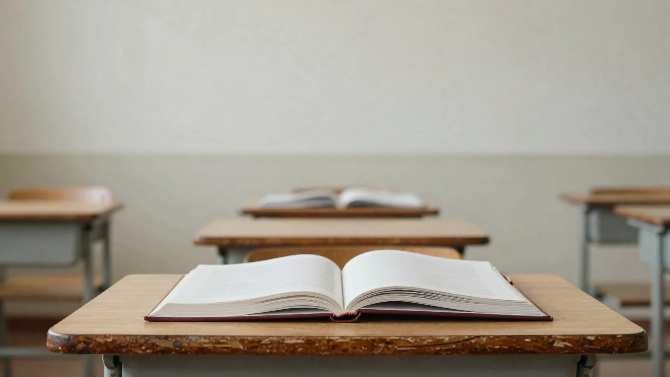 Sade bir okul sınıfı masası üzerinde açık defter, yumuşak doğal g